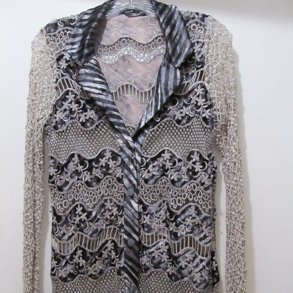 Faust Paris Womens Top Floral Lace Sheer Black & Gray Beautiful! Size XS / Small